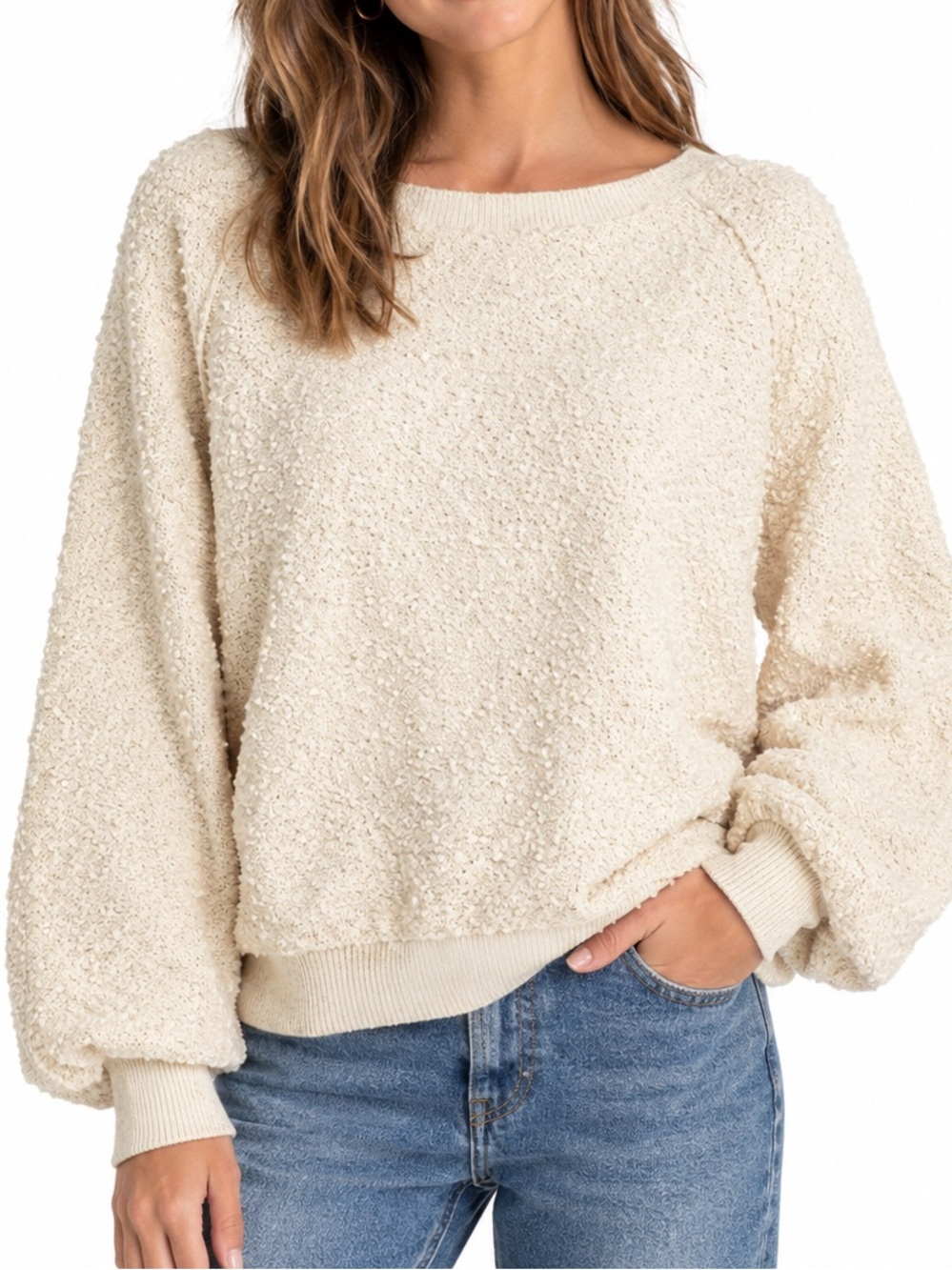 Free People Boucle Found My Friend ivory cream cotton oversized sweater size S